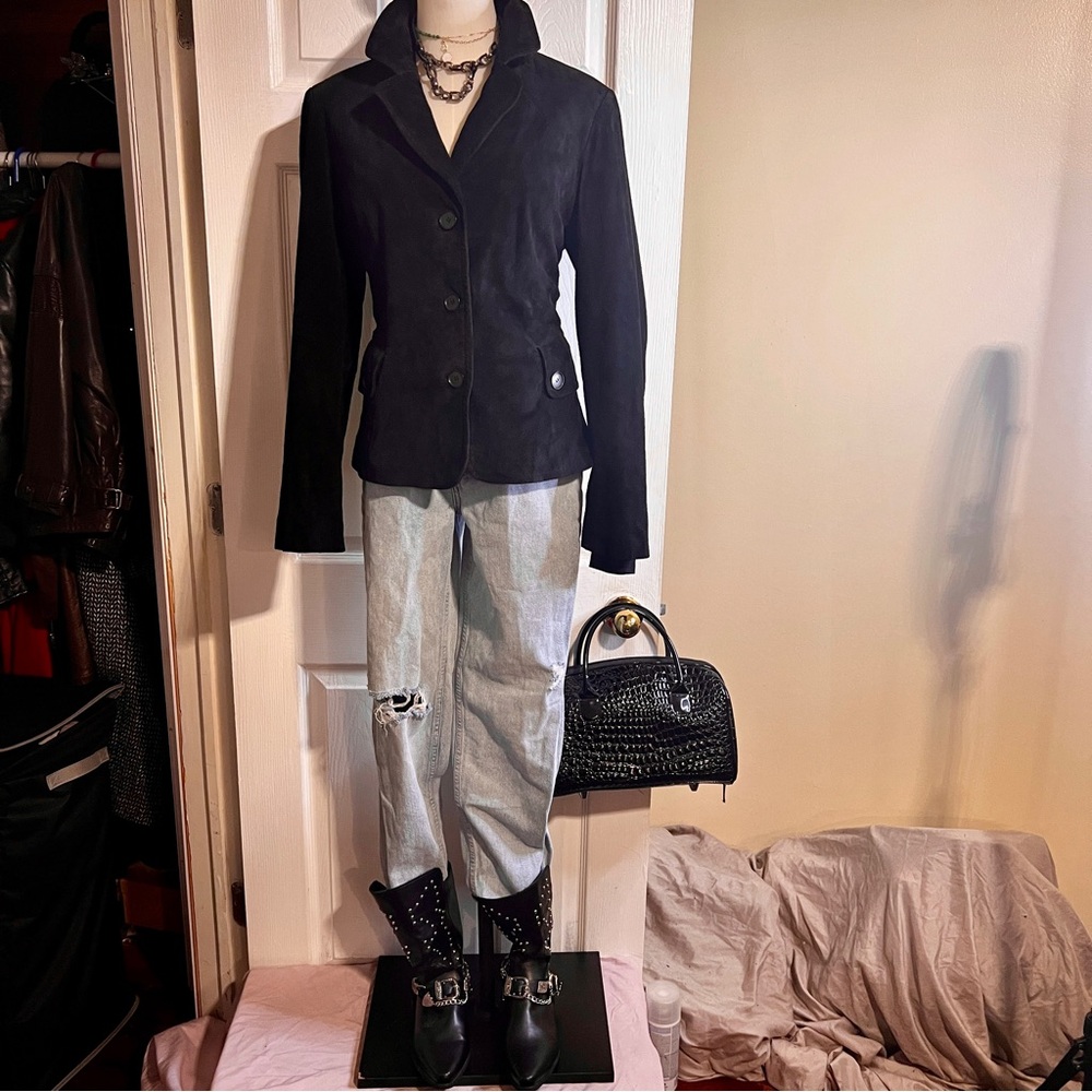 Vintage Y2K Newport News Wms Black Suede Leather Crop Jacket‎ 12